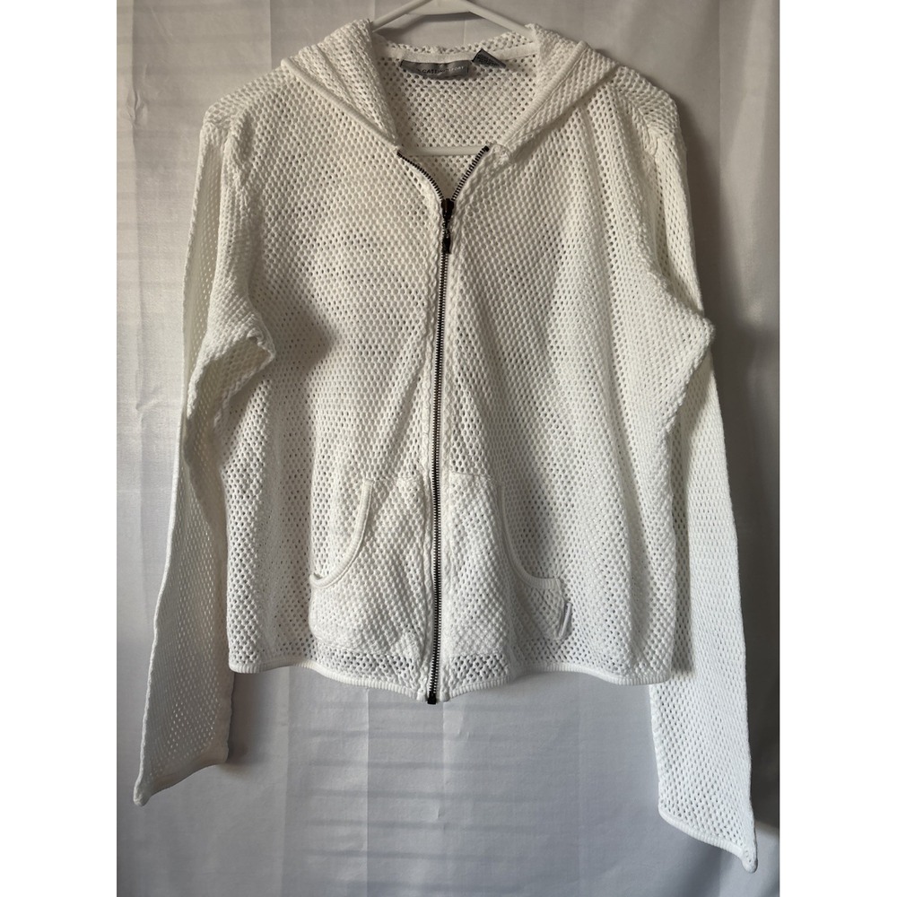 Vtg Y2K Knit Crochet Full Zip Lg Hoodie Cover Up White Boho Beach Oleg Cassini